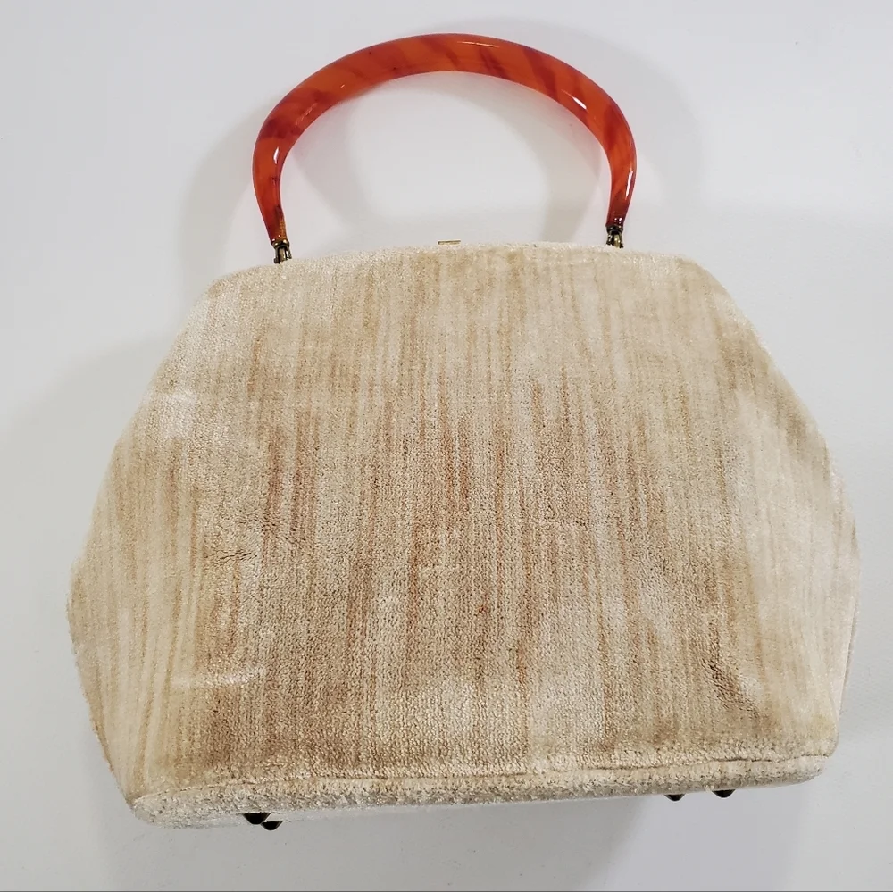 Garay Textured Handbag Bakelite Handle Cream Tan Vintage 50s 60s - Picture 4 of 13